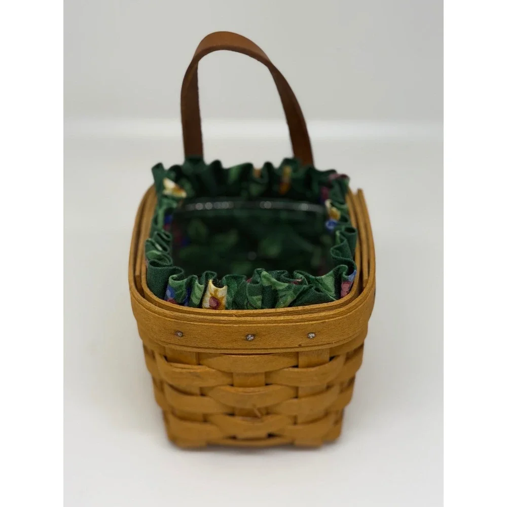VTG Longaberger Basket Brown Woven Wood Floral Fabric Liner‎ Leather Handle 1996